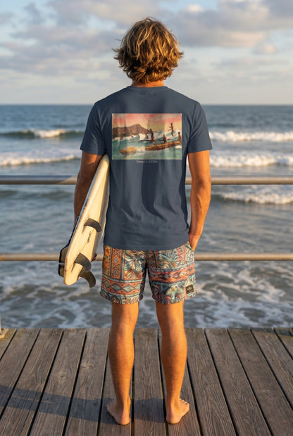 SurfMAD! Vintage Hawaii 1930s Surf Heritage T-Shirt – Iconic Board Logo Front & Exclusive Outrigger Canoe Back Print