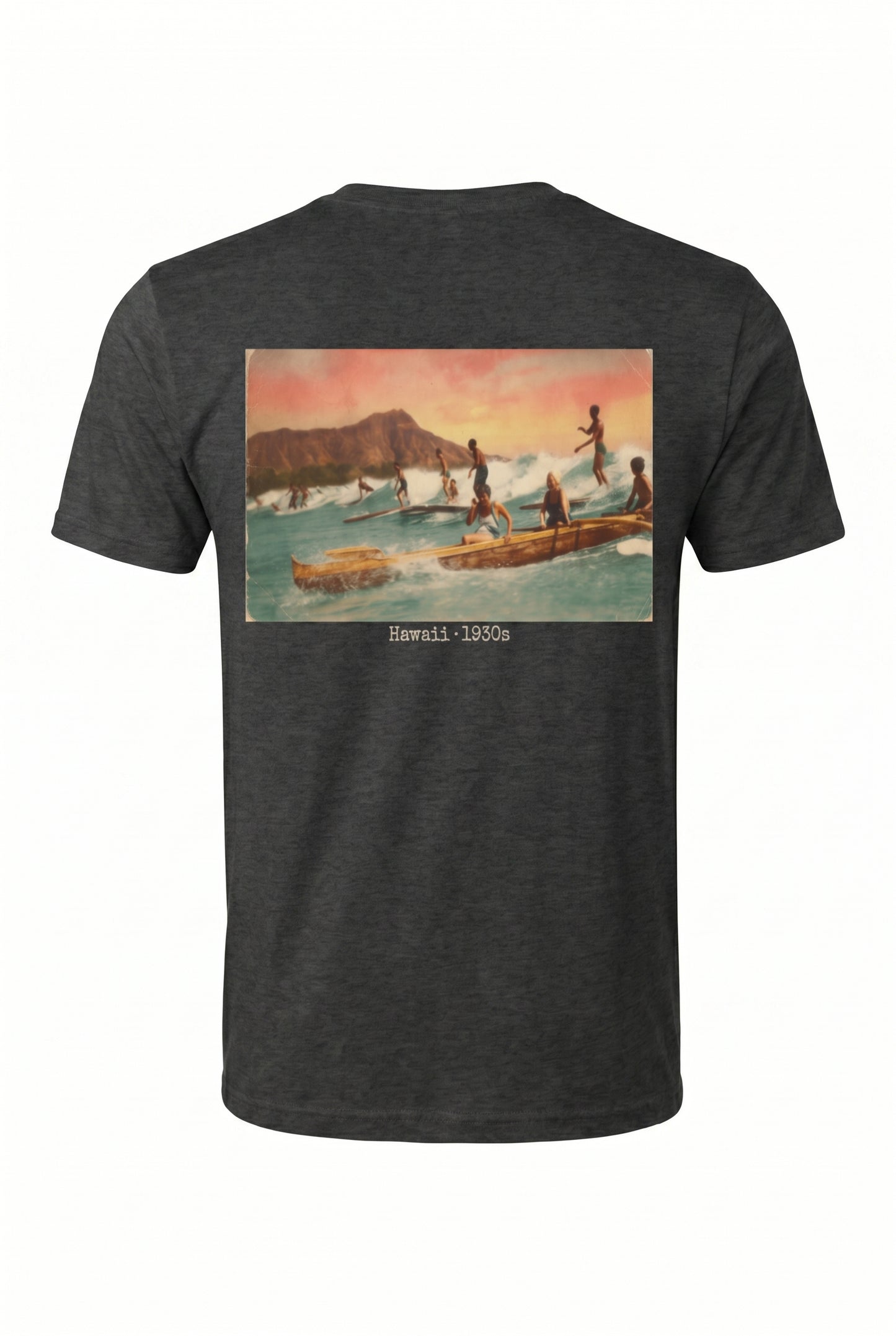 SurfMAD! Vintage Hawaii 1930s Surf Heritage T-Shirt – Iconic Board Logo Front & Exclusive Outrigger Canoe Back Print