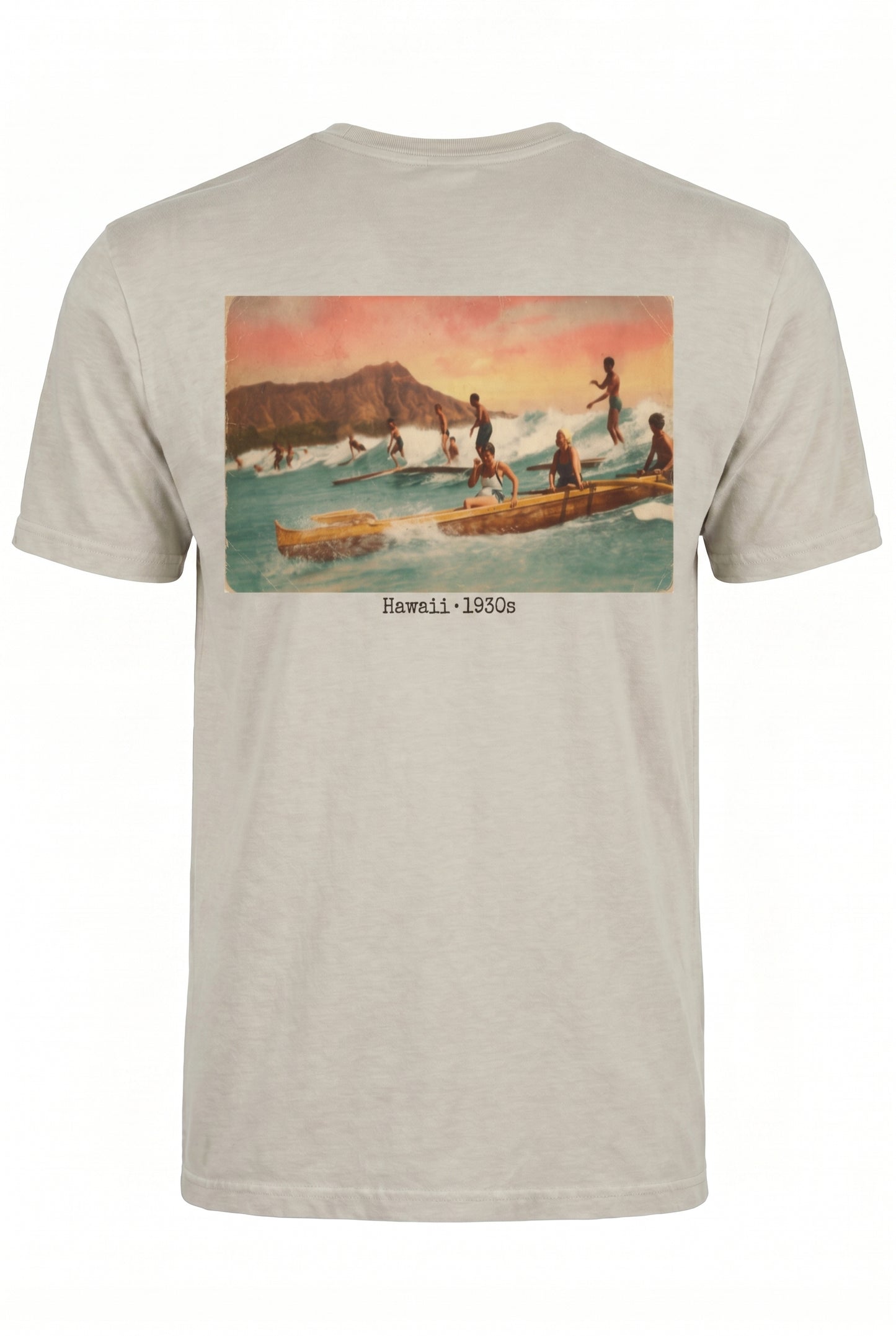 SurfMAD! Vintage Hawaii 1930s Surf Heritage T-Shirt – Iconic Board Logo Front & Exclusive Outrigger Canoe Back Print