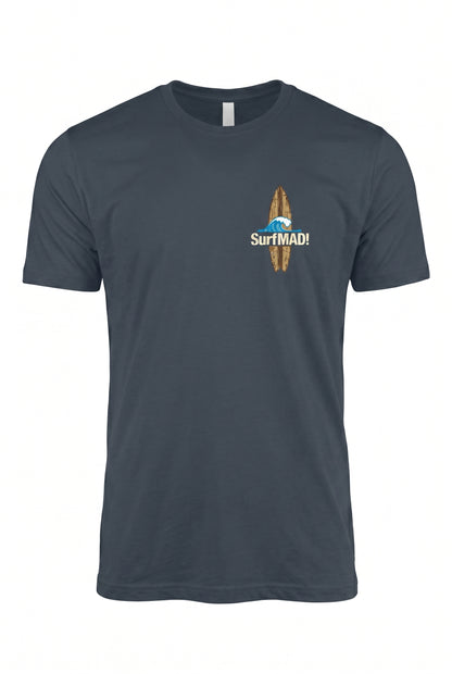 SurfMAD! Vintage Hawaii 1930s Surf Heritage T-Shirt – Iconic Board Logo Front & Exclusive Outrigger Canoe Back Print