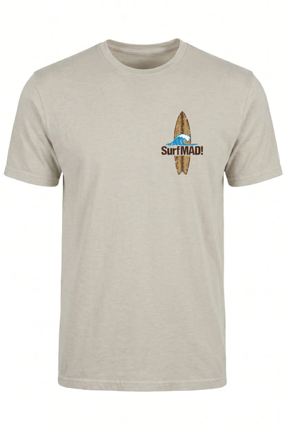 SurfMAD! Vintage Hawaii 1930s Surf Heritage T-Shirt – Iconic Board Logo Front & Exclusive Outrigger Canoe Back Print