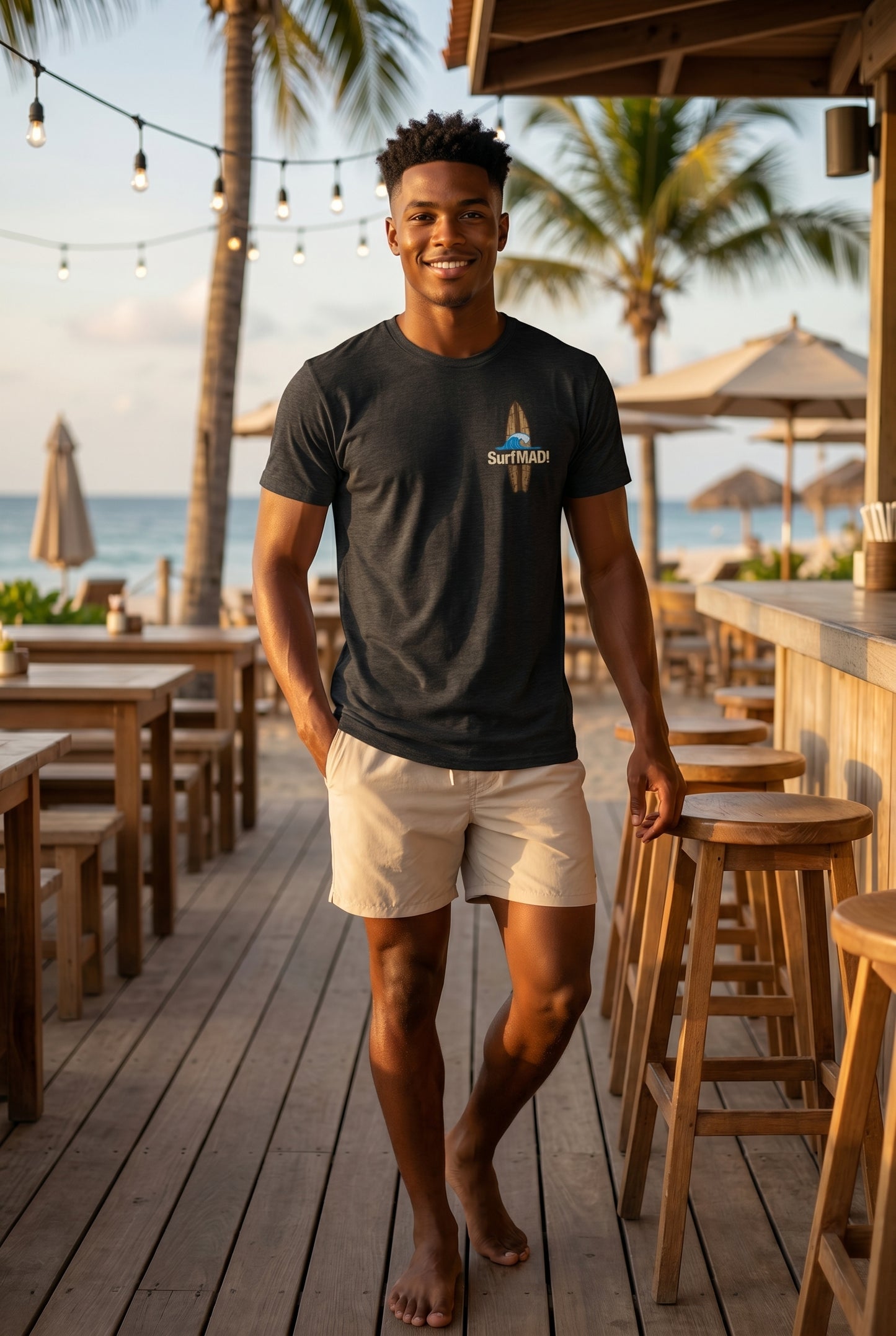 SurfMAD! Vintage Hawaii 1930s Surf Heritage T-Shirt – Iconic Board Logo Front & Exclusive Outrigger Canoe Back Print