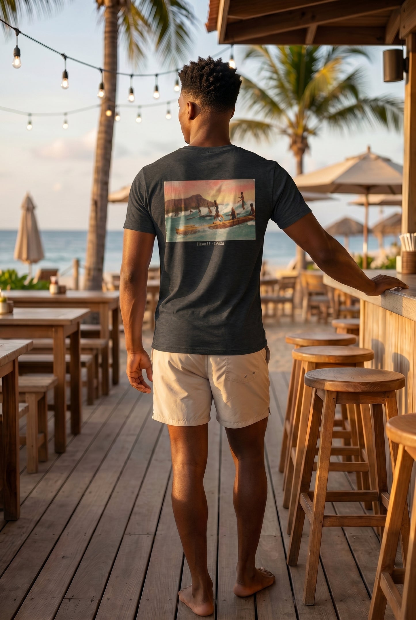 SurfMAD! Vintage Hawaii 1930s Surf Heritage T-Shirt – Iconic Board Logo Front & Exclusive Outrigger Canoe Back Print